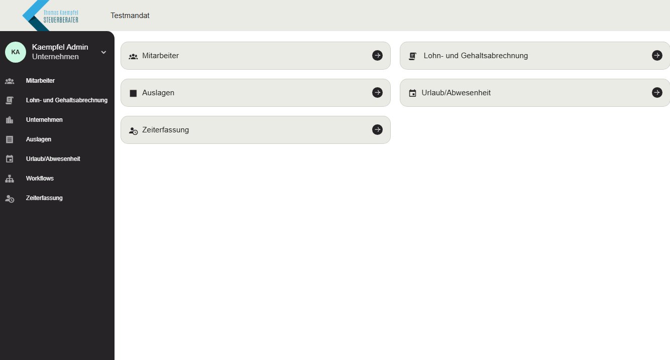 HR-Tool der Kanzlei: Übersicht mit Mitarbeiter, Lohn- und Gehaltsabrechnung, Auslagen, Urlaub und Abwesenheit und Zeiterfassung